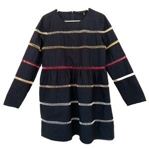 English Factory Long Sleeve Dress Women Size L Blue Woven Stripes Details Cotton